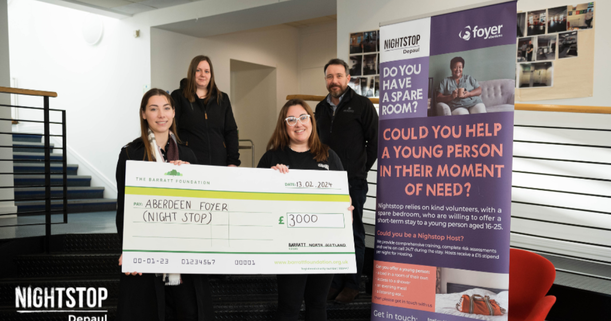 OpenGraph Image for Aberdeen Foyer thanks Barratt Homes for generous donation to Nightstop project