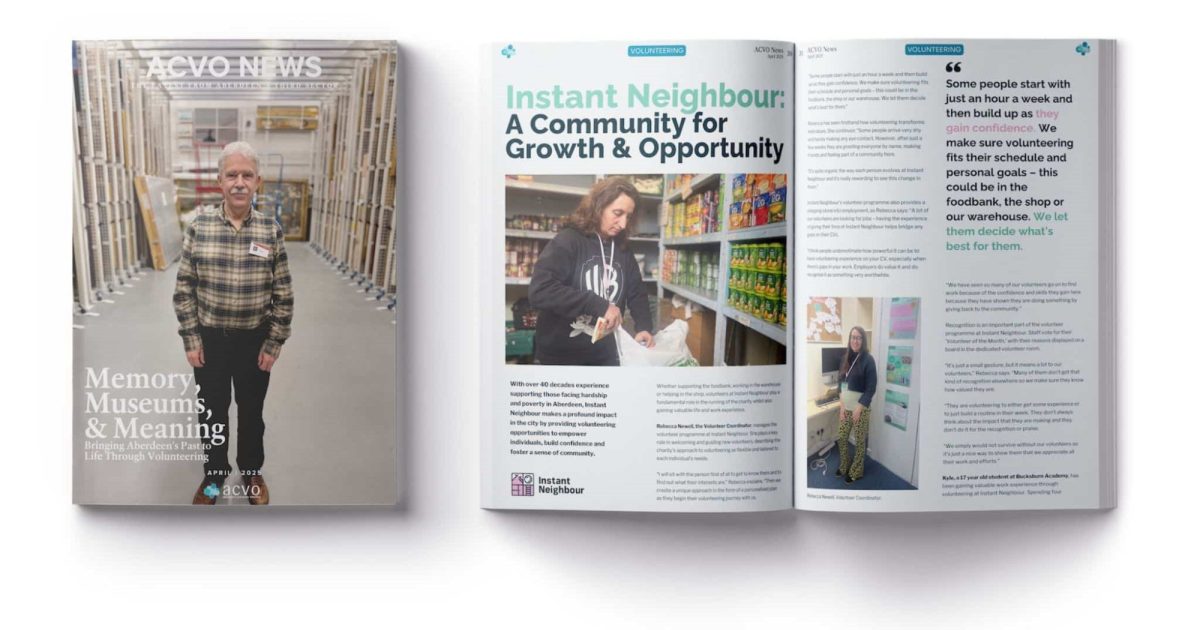 OpenGraph Image for April edition of ACVO News, Aberdeen’s monthly third sector round-up, published