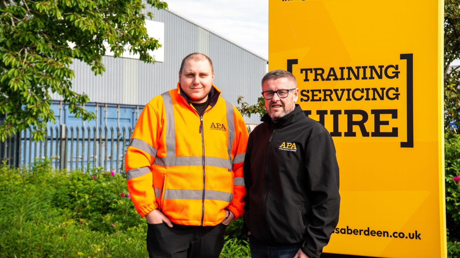 Scott Limond, training instructor (left) and Darren Petrie, training manager, are pictured outside APA’s headquarters in Aberdeen. Image: Prospect 13