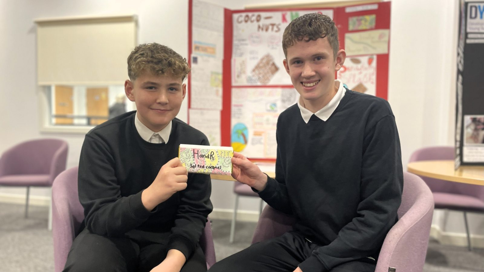 Pupils Hamish Urquhart (left) and Ryan Lawie with their completed chocolate bar.