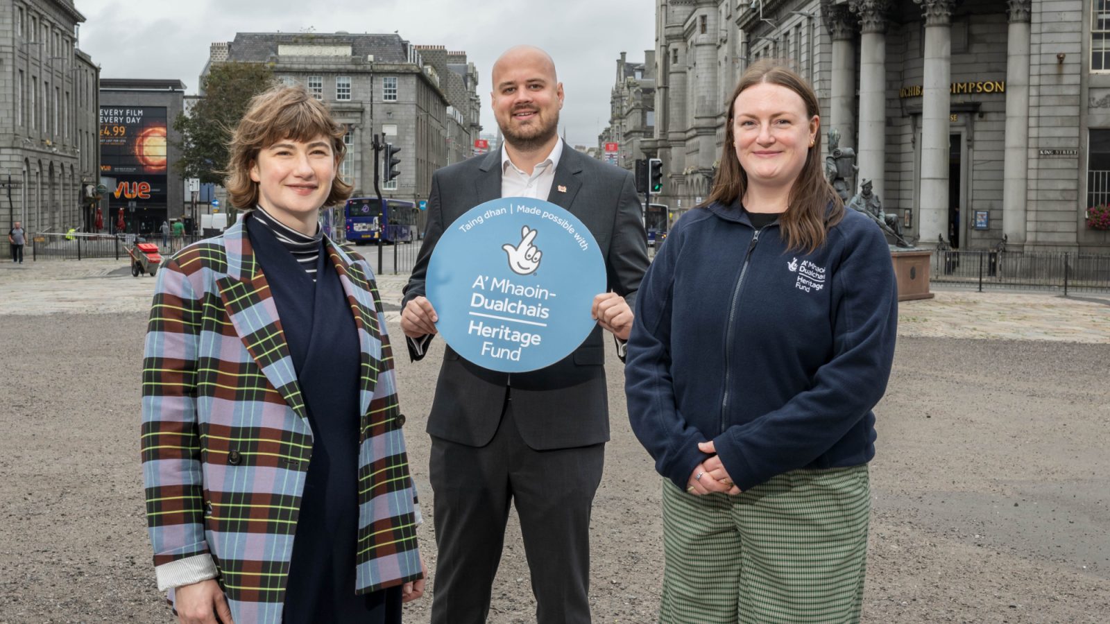 Councillor Alex McLellan (centre) with Fiona Robertson from Historic Environment Scotland grants team (left) and Anna James, Senior Investment Manager, The National Lottery Heritage Fund Scotland left).