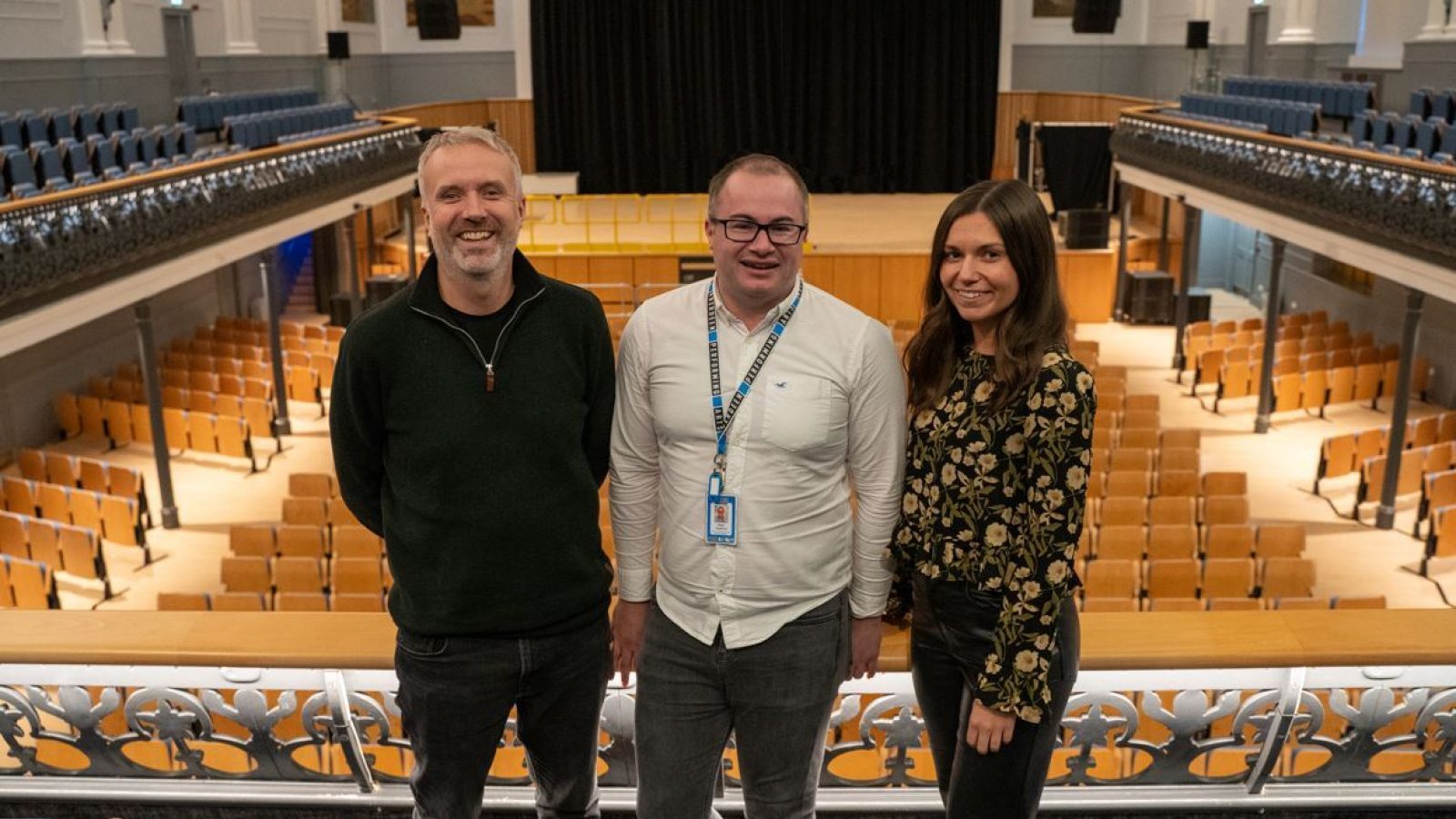 Andy Kite, Matt Godfrey, Grace Arthur in the Music Hall auditorium.