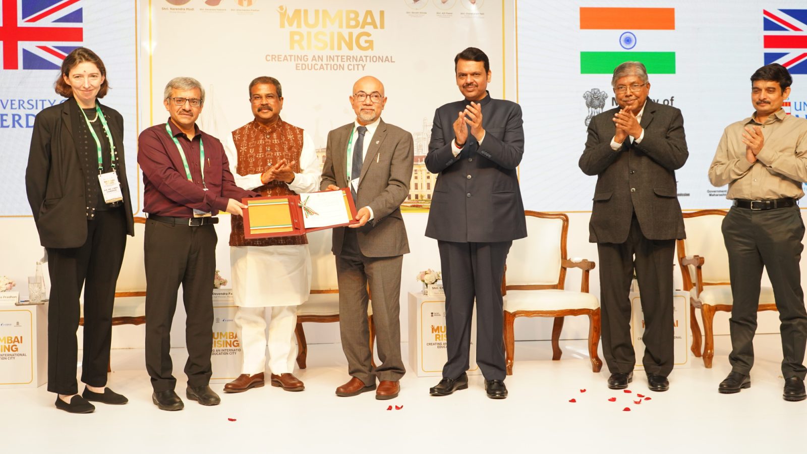 From left, British High Commissioner H.E. Lindy Cameron, Secretary Higher Education & Acting Chairman University Grants Commission (UGC) Shri Vineet Joshi, Union Education Minister Shri Dharmendra Pradhan, Professor Siladitya Bhattacharya, Vice-Principal Global Engagement at the University of Aberdeen, Chief Minister of Maharashtra, Shri Devendra Fadnavis, State Higher and Technical Education Minister Shri Chandrakant Patil, and Additional Chief Secretary Aseem Kumar Gupta.