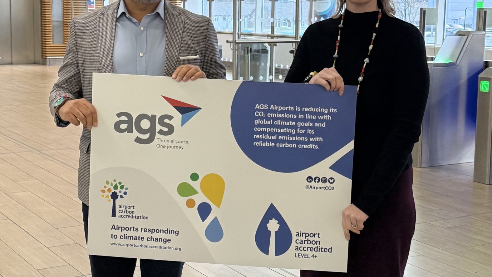 Kam Jandu, AGS Airports CEO and Fiona Smith, Sustainability Director for AGS Airports.