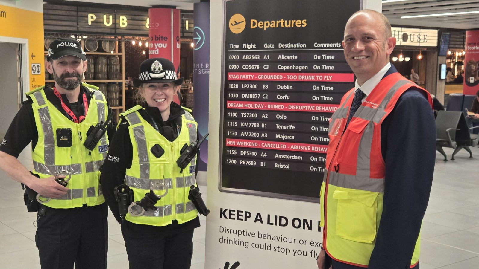 L-R: Police Scotland Sargeant Craig McNeill, Airport Commander Inspector Kelly Manson, and Billy Wallace, Security Manager at Aberdeen International Airport.