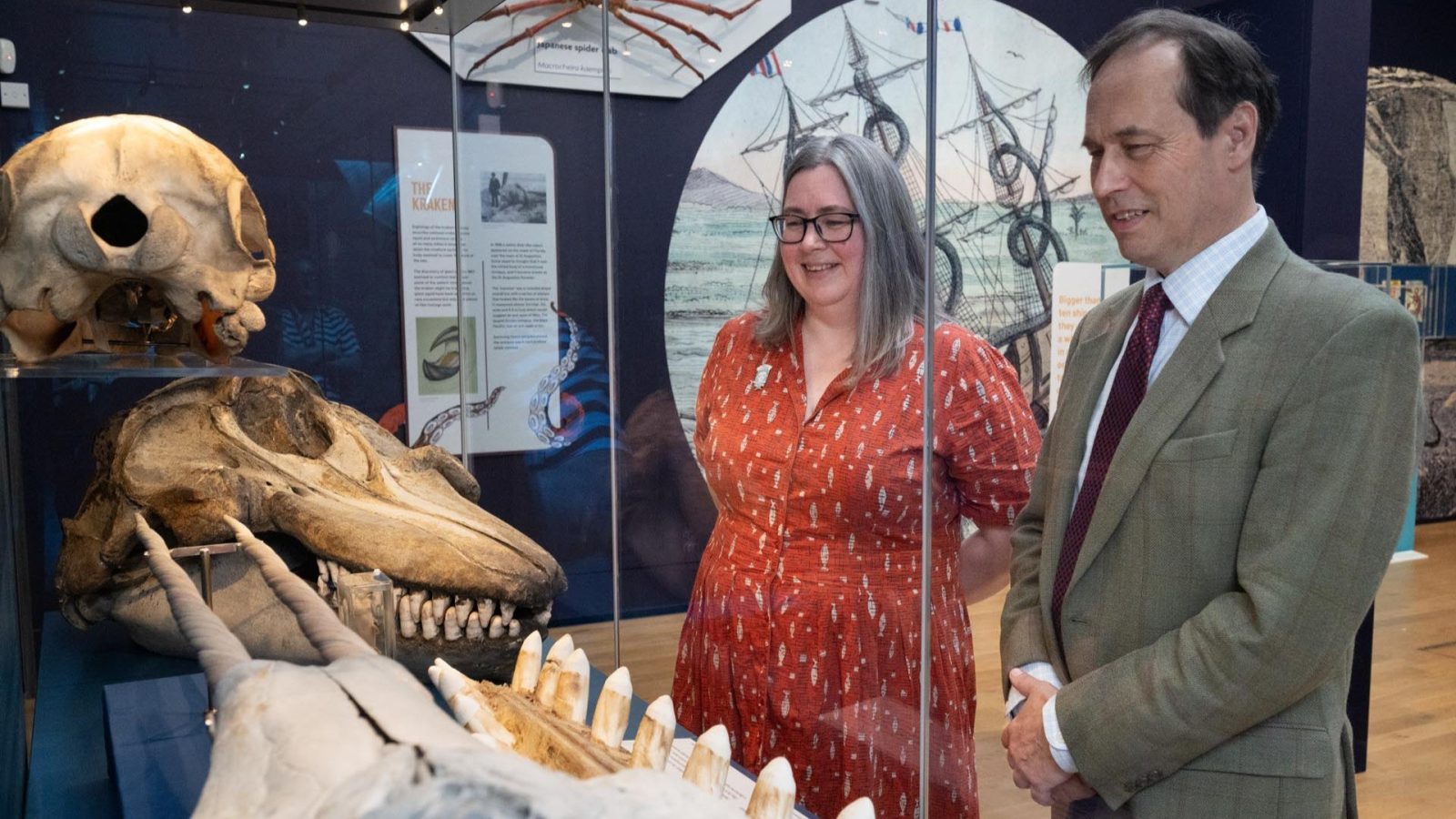 Councillor Martin Greig and Helen Fothergill Archives Gallery and Museums Service Manager pictured in the Monsters of the Deep exhibition