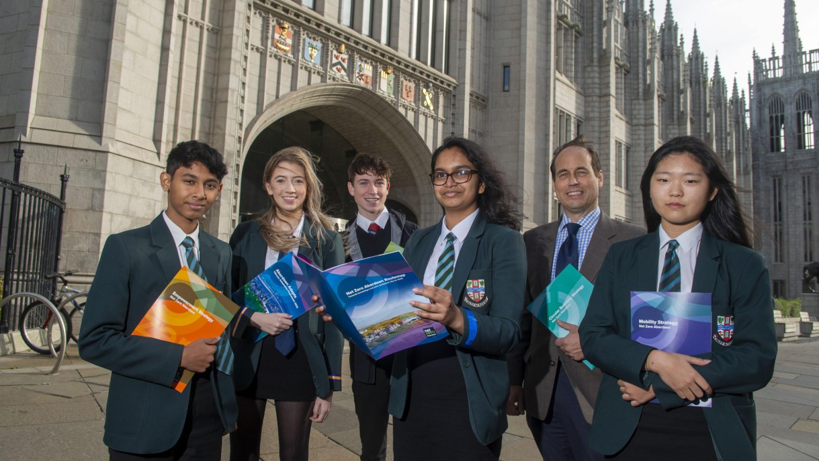 L-R - Vinuth Wijemanne (S4 Cults Academy), Anna Thompson (S6 Cults Academy), Finlay Robinson (S4 Dyce Academy), Saanvi Kumar (S5, Cults Academy), Councillor Martin Greig, Education Convenor, Yujin An (S4 Cults Academy
