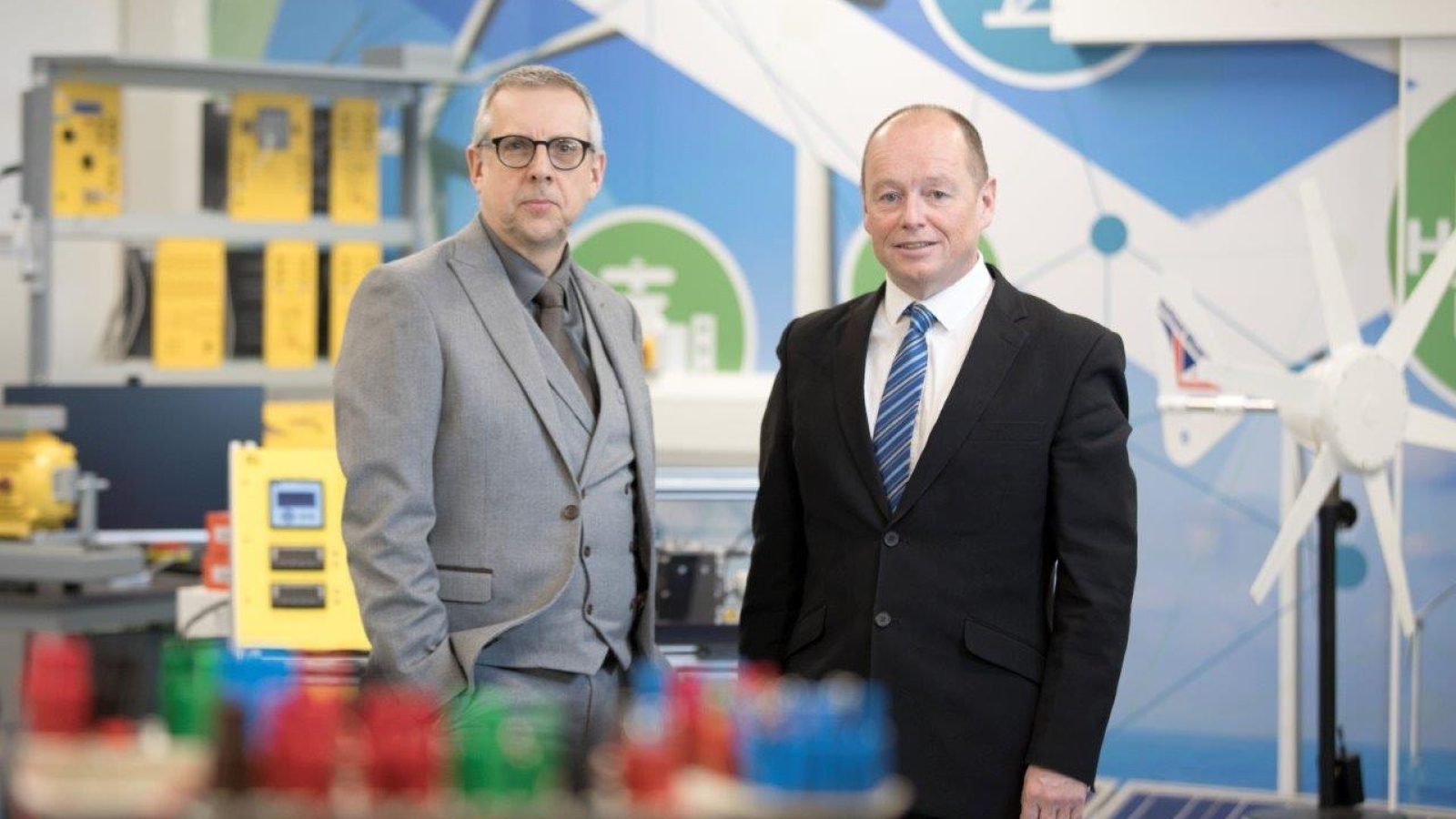 NESCol Principal Neil Cowie (left) and Duncan Abernethy, Assistant Principal Curriculum and Commercial Development, in the Future Skills Workshop at Fraserburgh Campus.