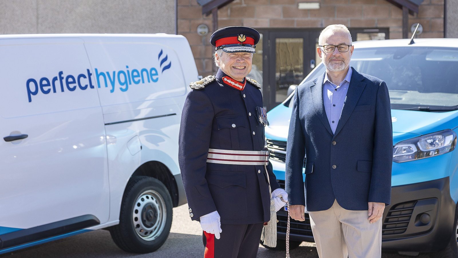 Perfect honour - From left - Royal Warrant - Sandy Manson, Lord-Lieutenant of Aberdeenshire, and Steve Kennedy, Managing Director of Perfect Hygiene. Picture RORY RAITT