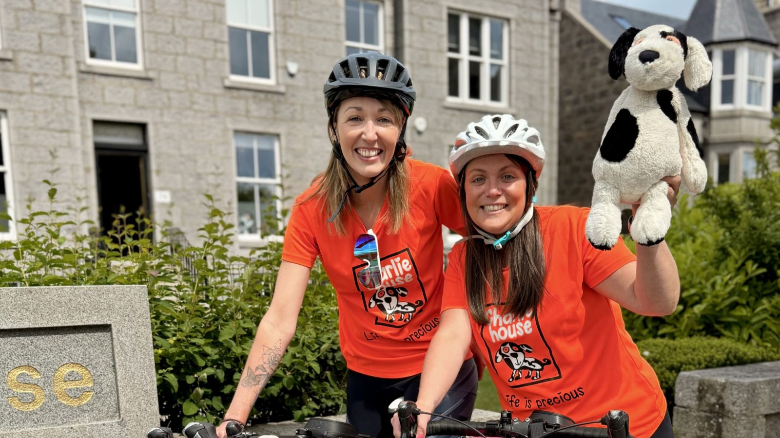 Katy and Sarah at Charlie House HQ in Aberdeen before departing on their 14-day cycle to Paris   L–R: Katy Townhill, Sarah McKechnie