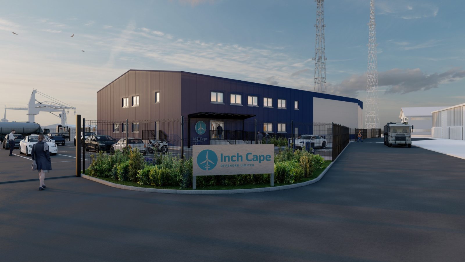 Computer-generated image of the Inch Cape Operations & Maintenance Base in the Port of Montrose – now being constructed by local contractor Pert Bruce Construction.