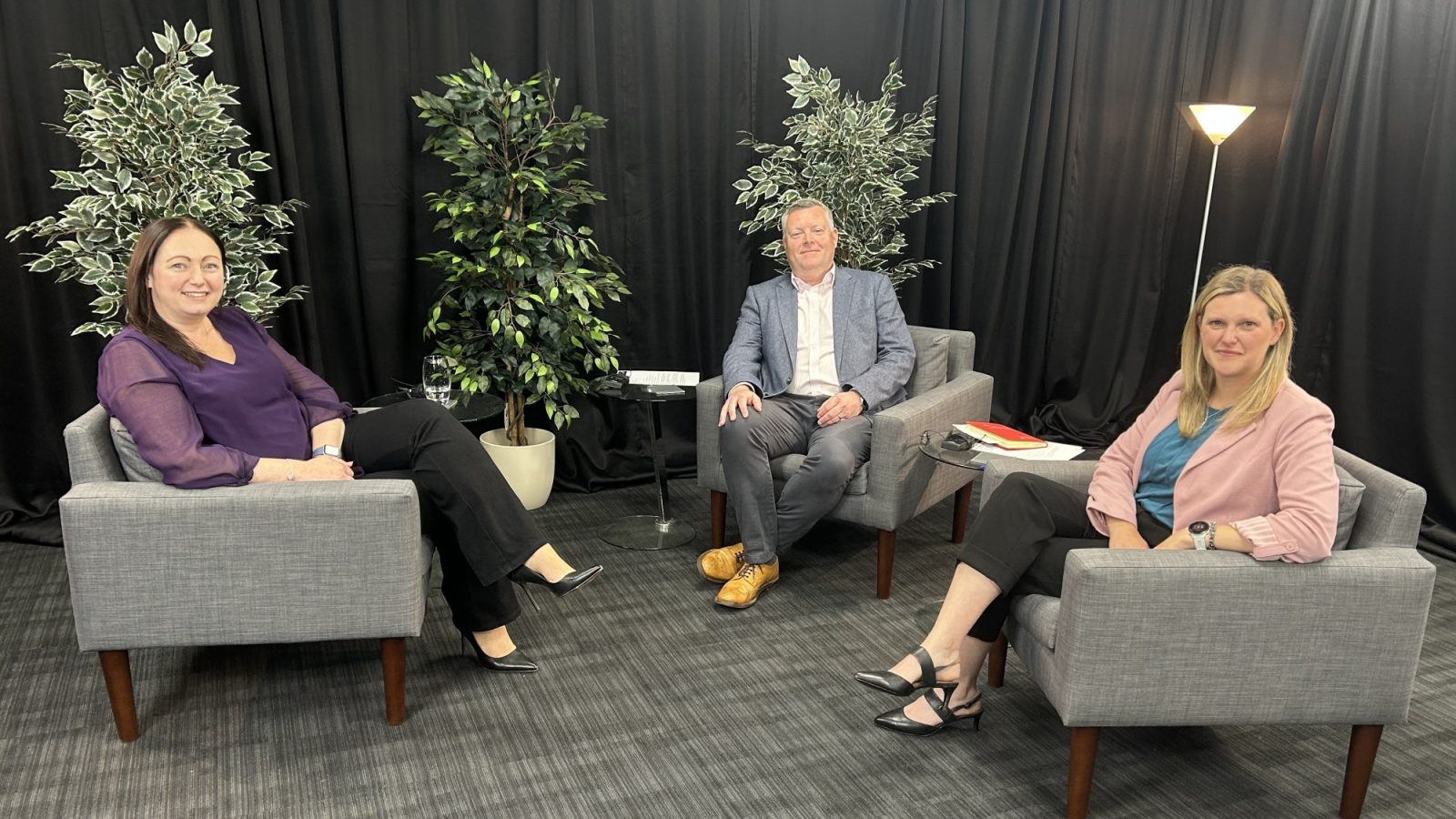 Lynne Walker with podcast hosts Martin Osler and Jude Lean