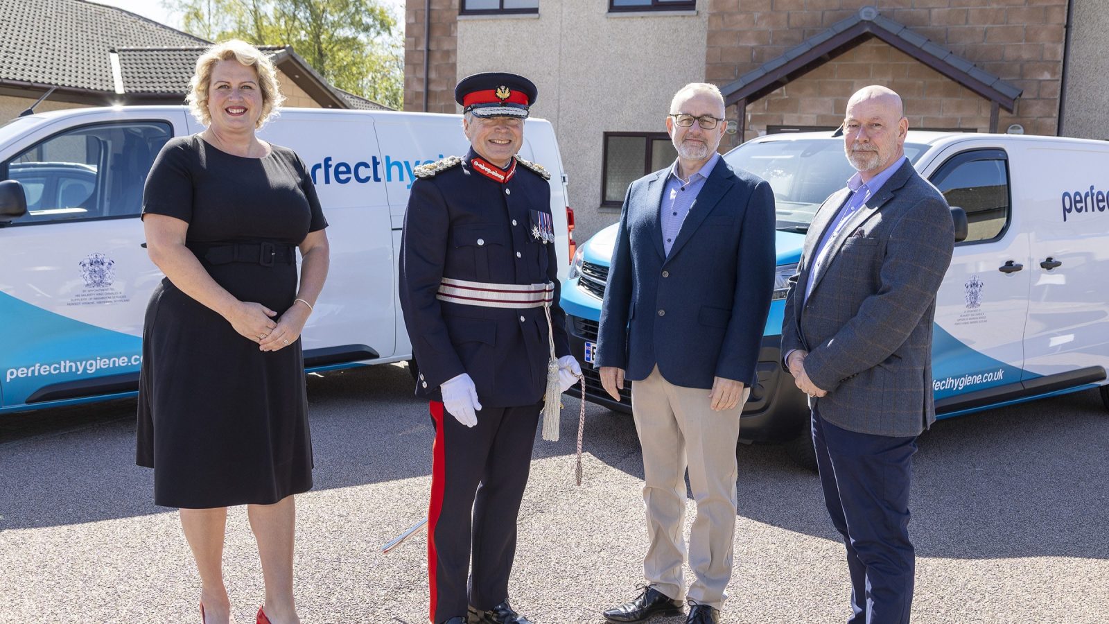On parade - From left - Claire Forbes, Perfect Hygiene Director, Sandy Manson, Lord-Lieutenant of Aberdeenshire, Steve Kennedy, Managing Director of Perfect Hygiene, and Stewart Gardiner, Commercial Director at Perfect Hygiene. Picture RORY RAITT