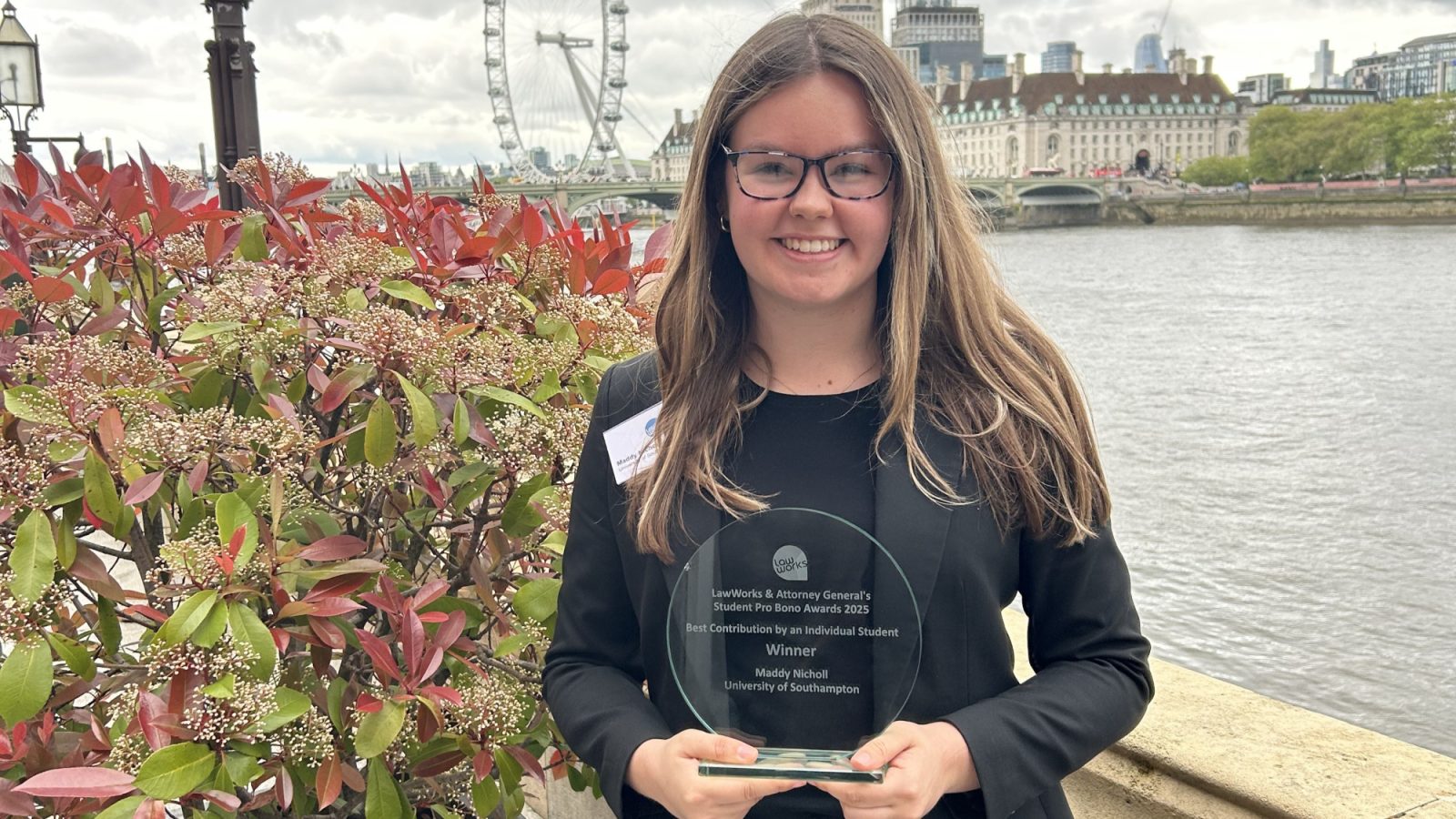 Maddy Nicholl winning LawWorks and Attorney General Student Pro Bono Awards