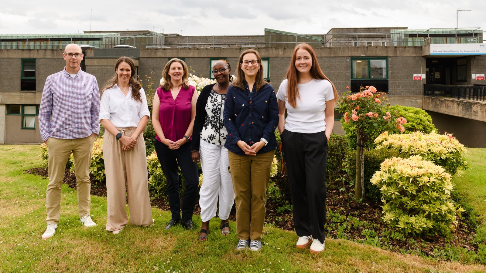 Aberdeen-based members of the i-Bump team (l-r) Health Economist Professor Graham Scotland, Reader in Obstetrics & i-Bump Chief Investigator Dr Mairead Black, Senior Clinical Lecturer in Primary Care Dr Rosalind Adams, Health Economist Dr Mary Kilonzo, Senior Lecturer in Implementation Science Dr Kristin Konnyu and i-Bump Study Coordinator Ms Kelly Gray. Credit University of Aberdeen
