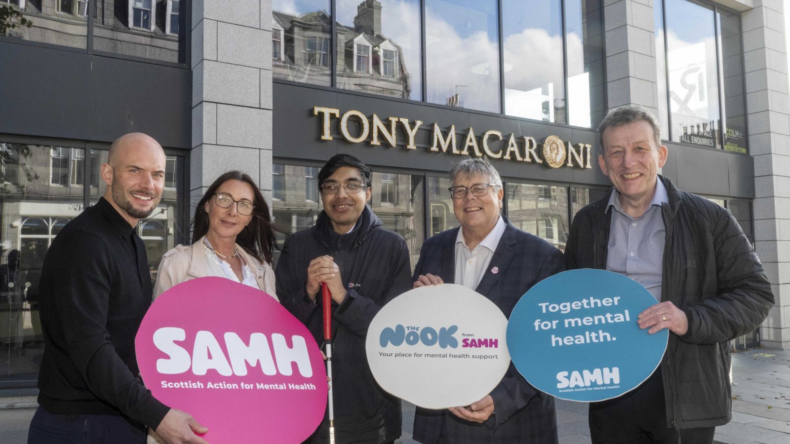 Pictured are (from left): Alex Cumming, executive director of service and delivery at SAMH; Claire Wilson, ACHSCP chief officer for Adult Social Work; Hussein Patwa, chair of Aberdeen Integration Joint Board; Billy Watson, chief executive of SAMH; and Kevin Dawson, ACHSCP Community Mental Health Lead