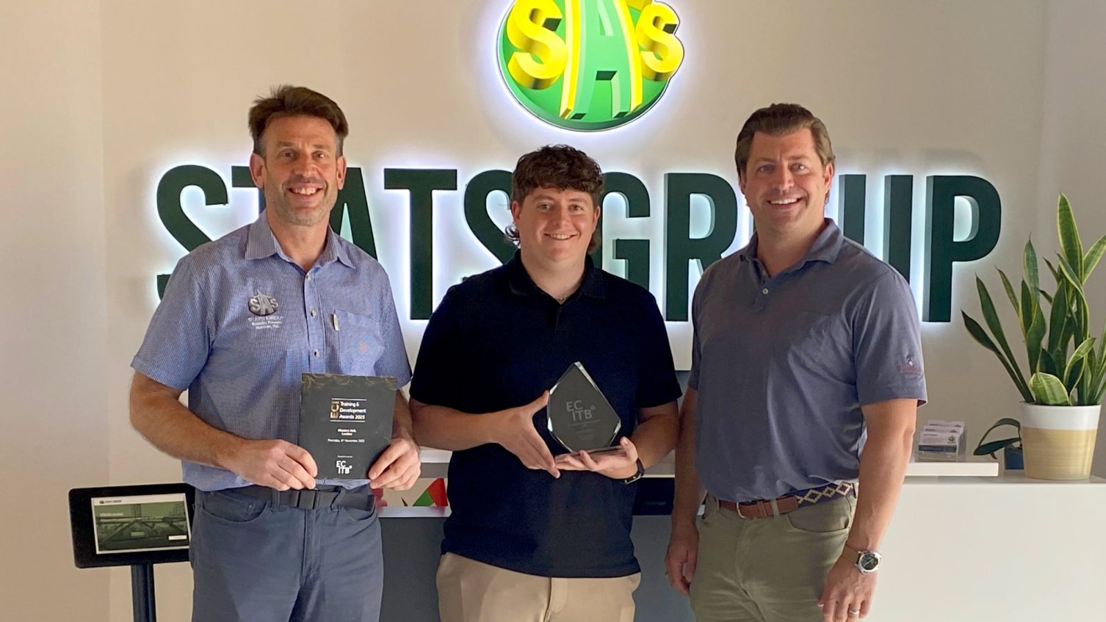 , left to right: STATS Group’s Training and Competence Manager Andy Buckworth, Michael Horgan, and Jamie Frederick, President & General Manager, USA.