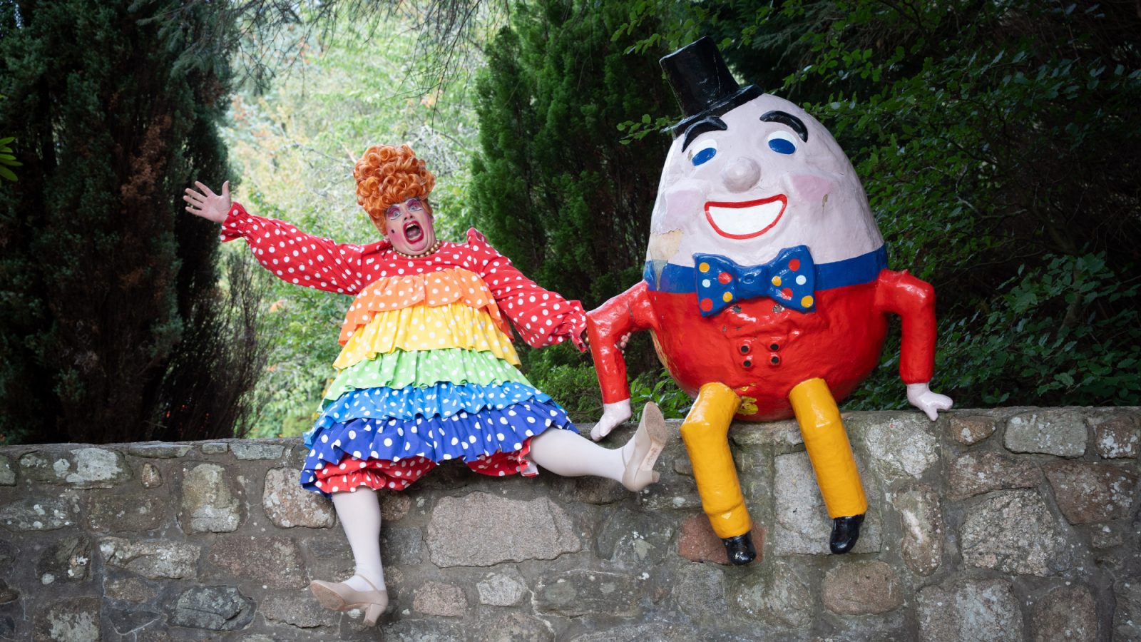 Nurse Little Joan (Philip Napier) gets up close and personal with Humpty Dumpty.