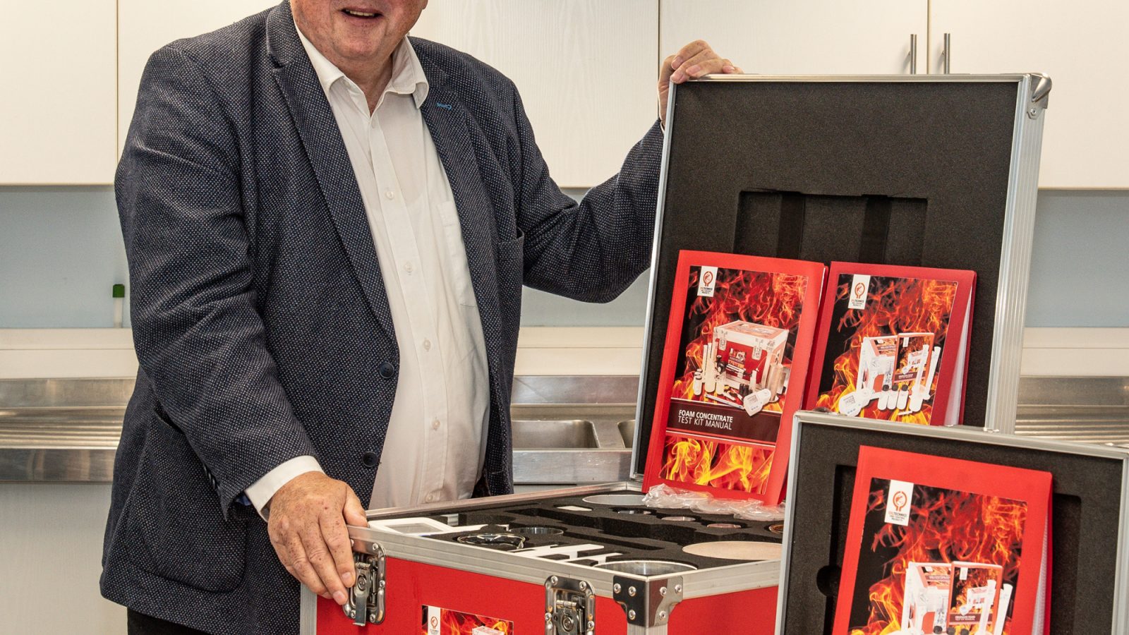 Managing director, David Evans with a foam testing kit in Oil Technics' ISO 17025 accredited laboratory