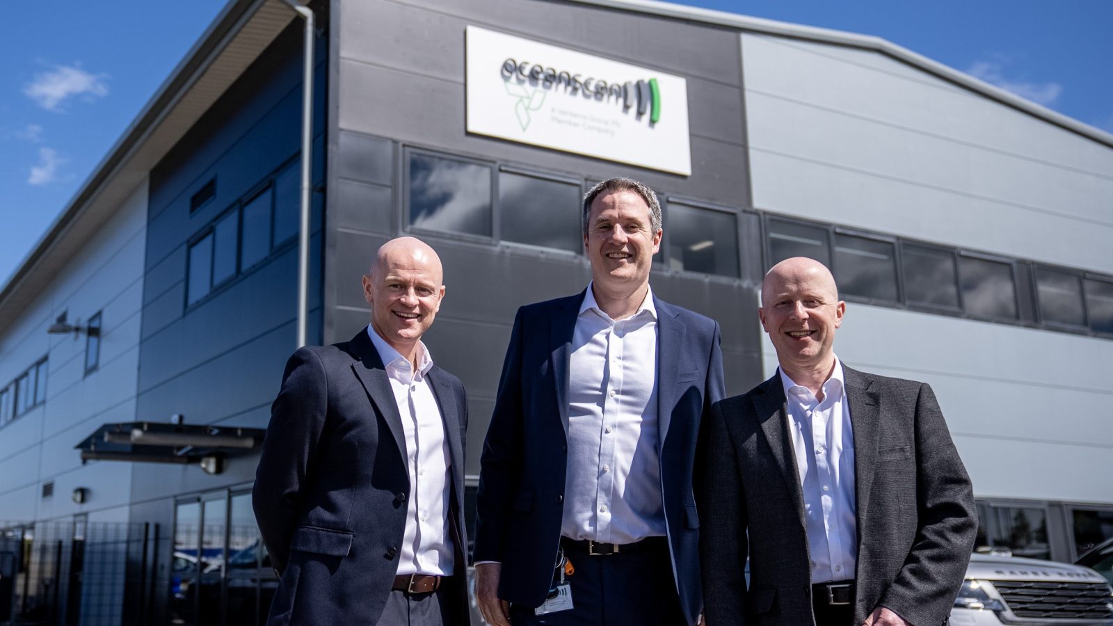 Brett Laurenson, Chief Growth Officer – Derek Donaldson, CEO – Kevin Strachan, CFO: outside the brand new Oceanscan site in Dyce