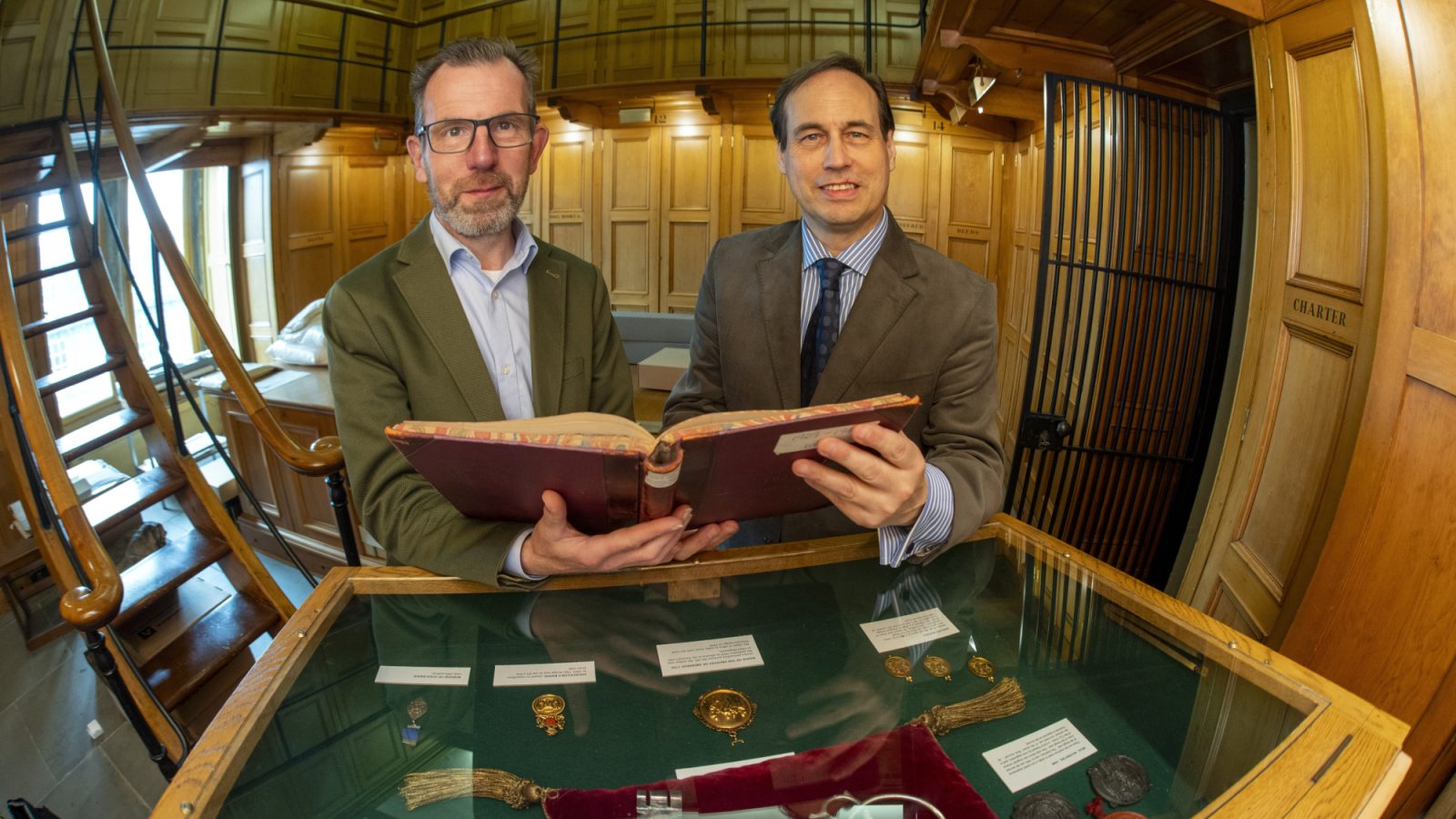 Phil Astley and Councillor Martin Greig in the Charter Room at Aberdeen City  Aberdeenshire Archives