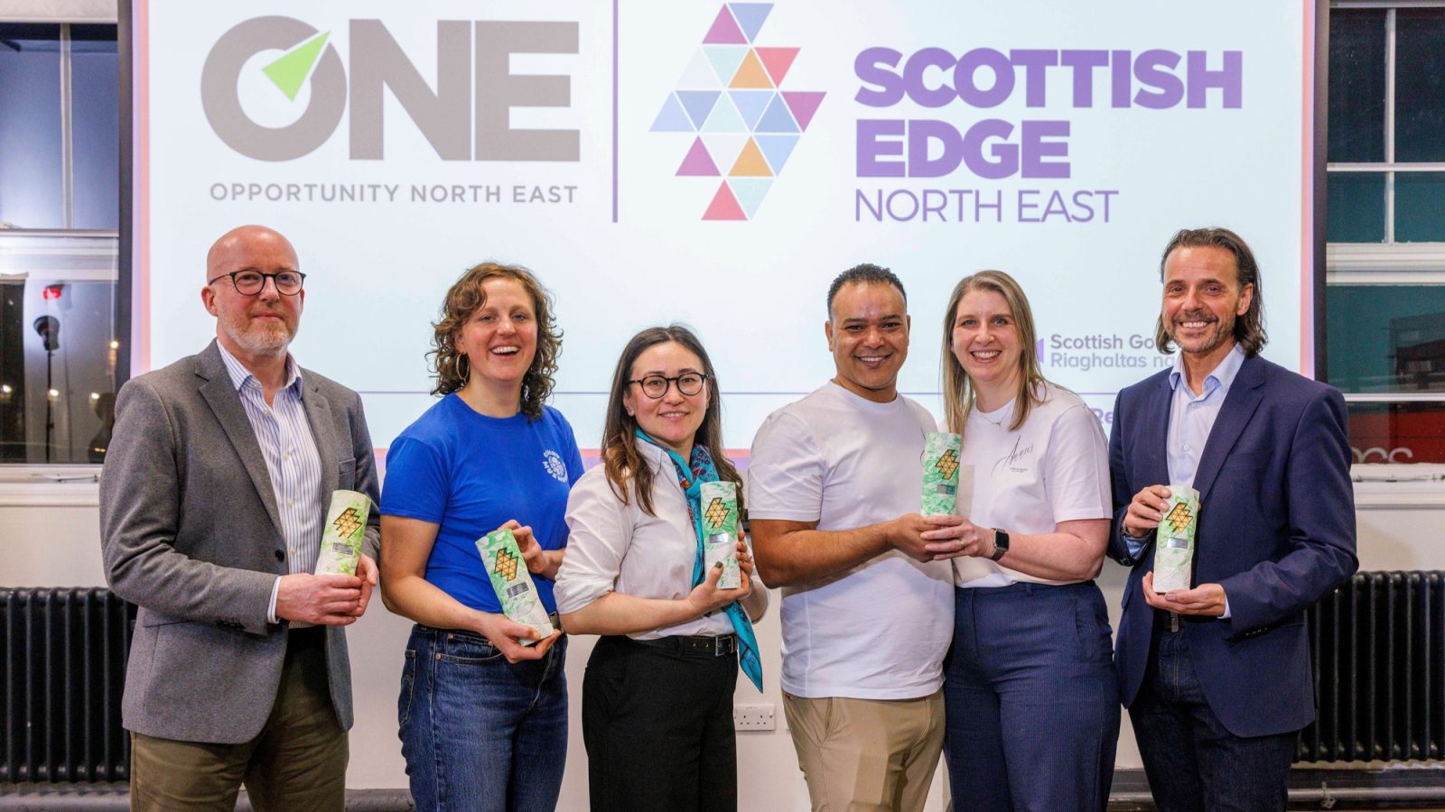 Left to right: Chris Hyde (Aqura Systems), Joanna Davis (Canny Mushrooms), Dilyara Iskakova (Hey Joey), Emad Elsayed & Susanne Moessner (Annie’s German Bakery), Martin Watt (Cask Ventures). Credit: Derek Ironside