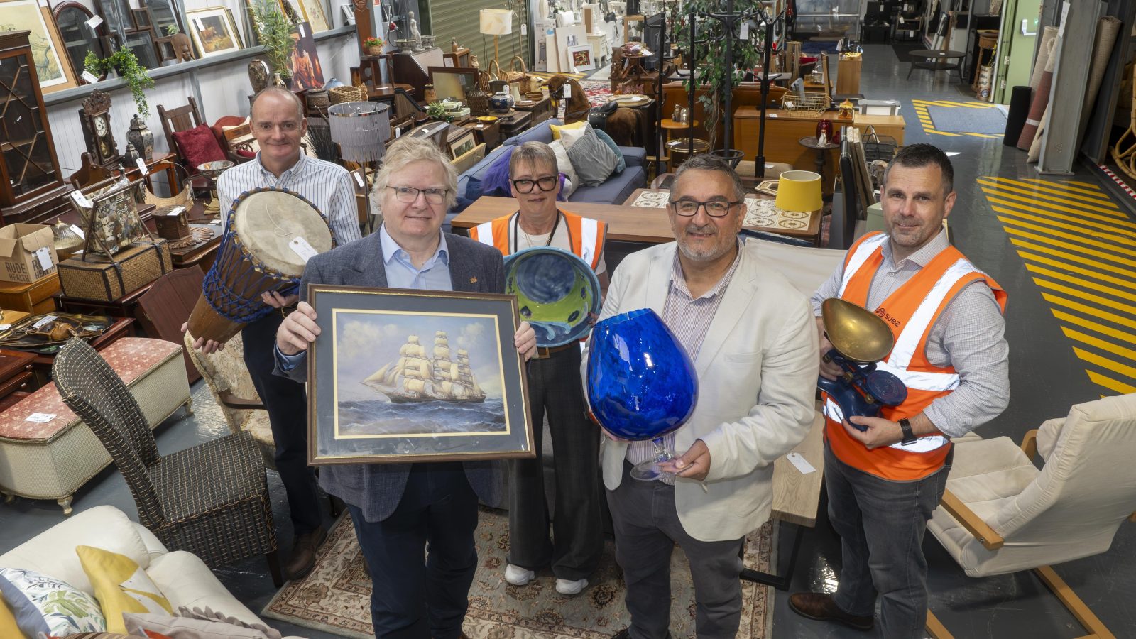 (L-R) - Richard Hinchcliffe, Regional Manager at SUEZ in the UK; Aberdeen City Council Co-Leader Councillor Ian Yuill; Mairi Adams, Reuse Shop Supervisor, SUEZ in the UK; Aberdeen City Council Co-Leader Councillor Christian Allard; and Colin Forshaw, Production Operations Manager, SUEZ in the UK.