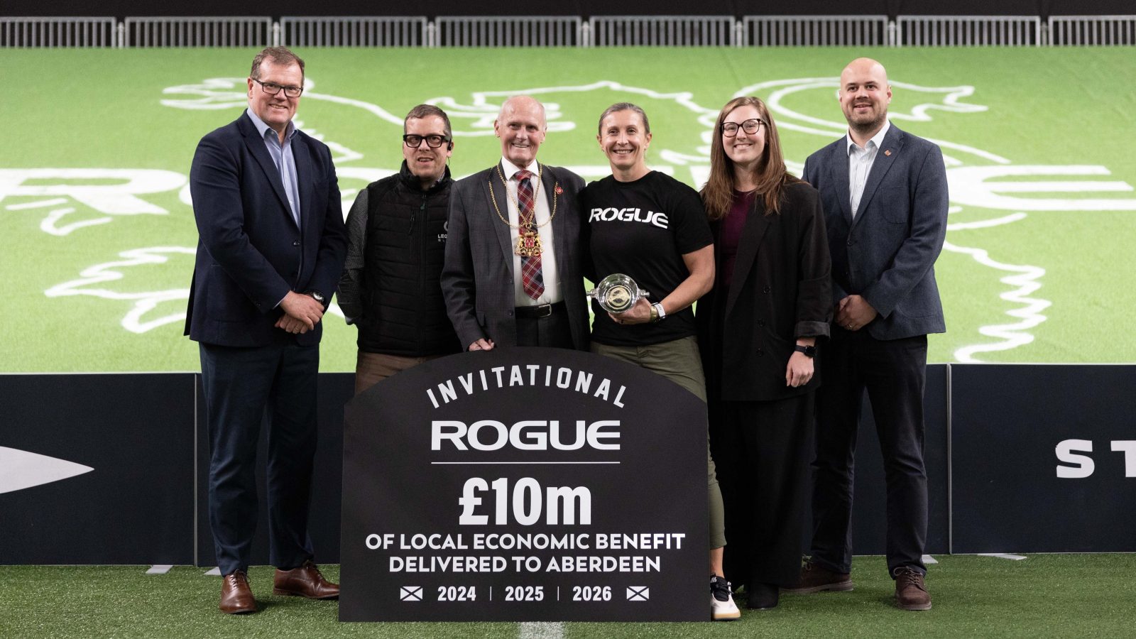 Rogue Invitational (left to right): Rob Wicks - MD (TECA), Peter Stott - Head of Operations & Event Delivery (TECA), Lord Provost, Caity Matter Henniger - Chief Sales Officer (Rogue Fitness), Aberdeen Councillor Miranda Radley, Aberdeen Councillor Alex McLellan.