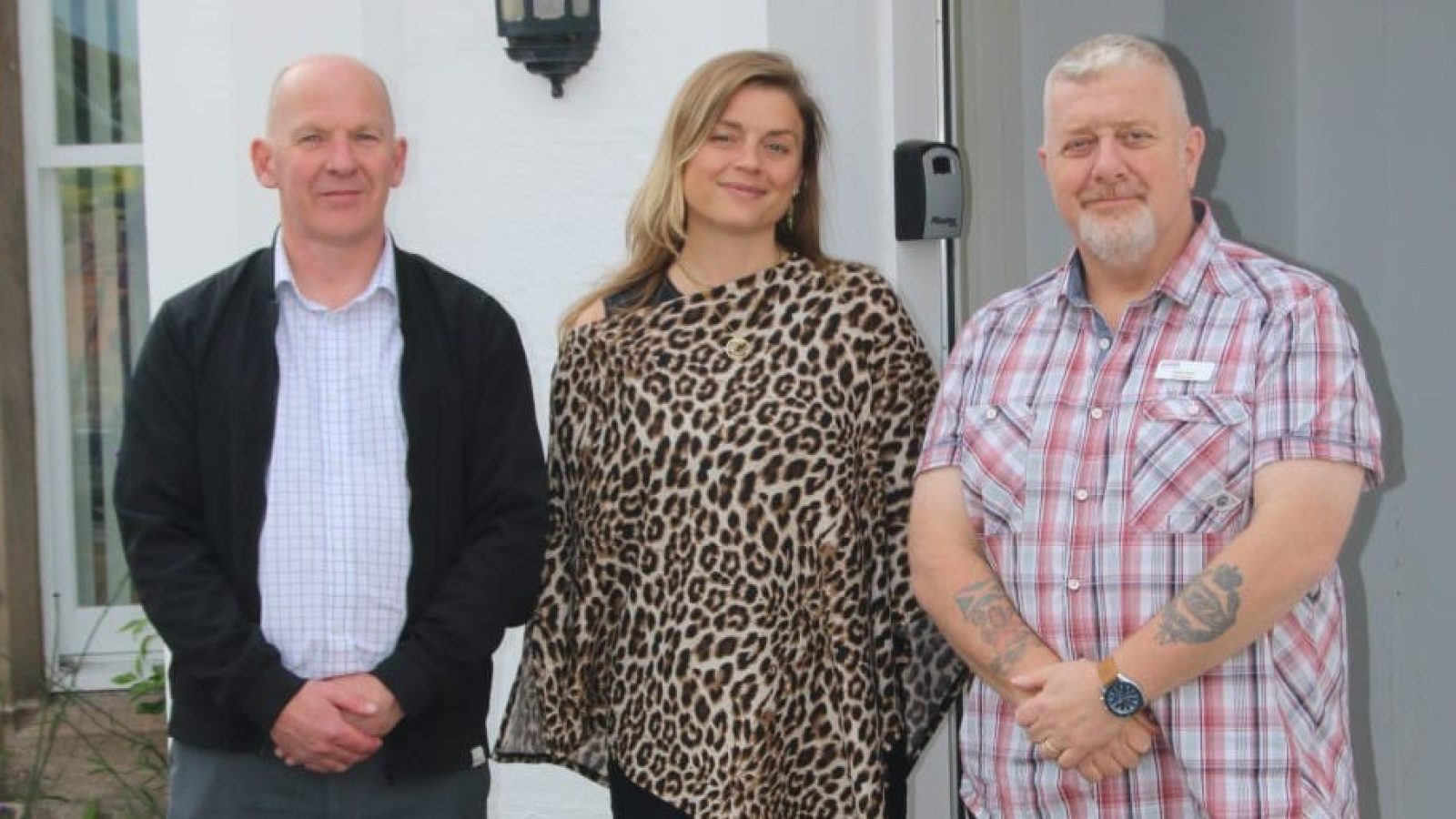 Roy alongside Debs Dickson of Erskine, and Davie Grant, Manager of Erskine Veteran Activity Centre North, in Forres.