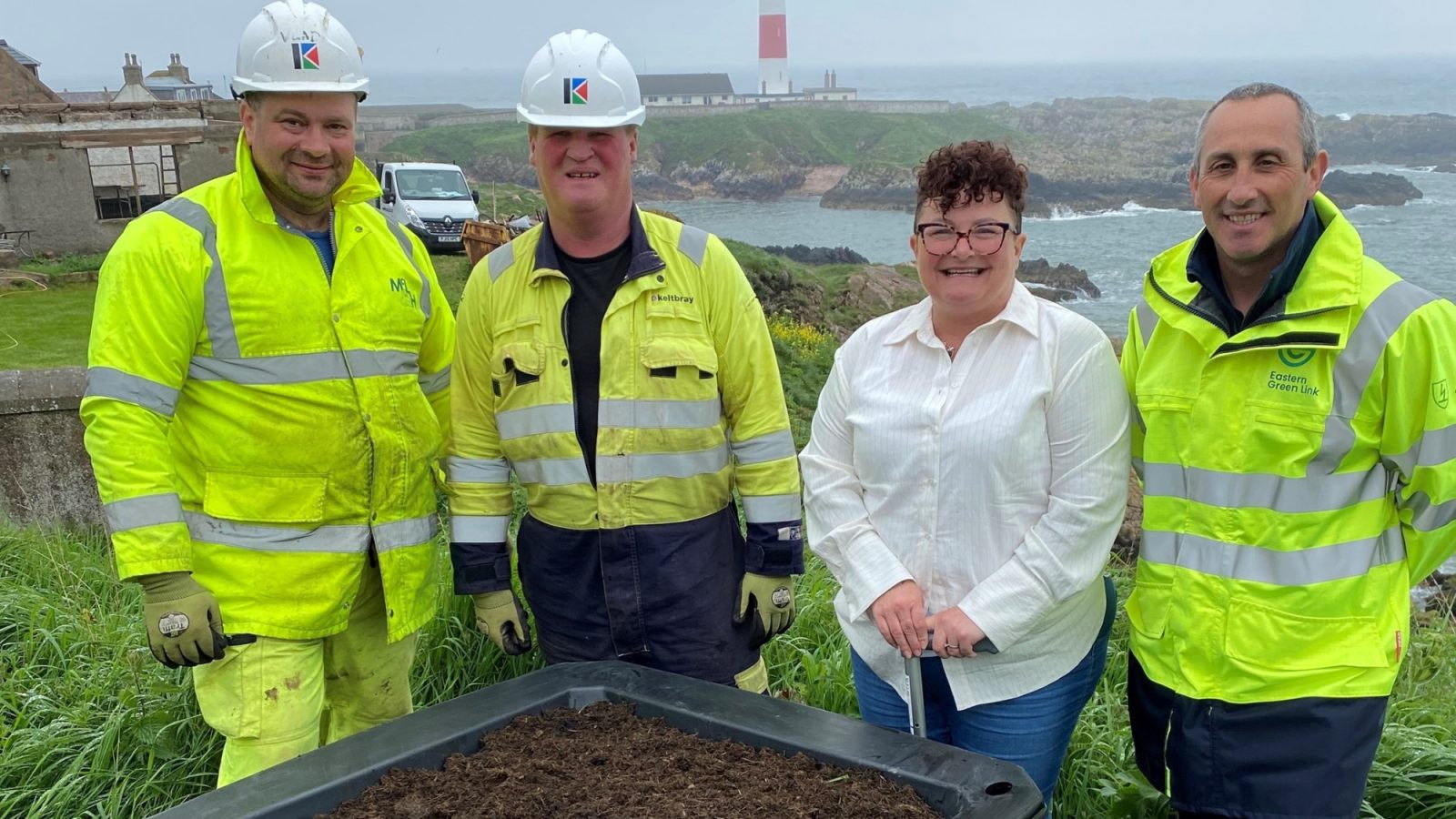 Wladimir Szarejko and Andrew Currie from Keltbray with Lisa Looker from Boddam Community Council and Joe Lenzie from the Eastern Green Link 2 project