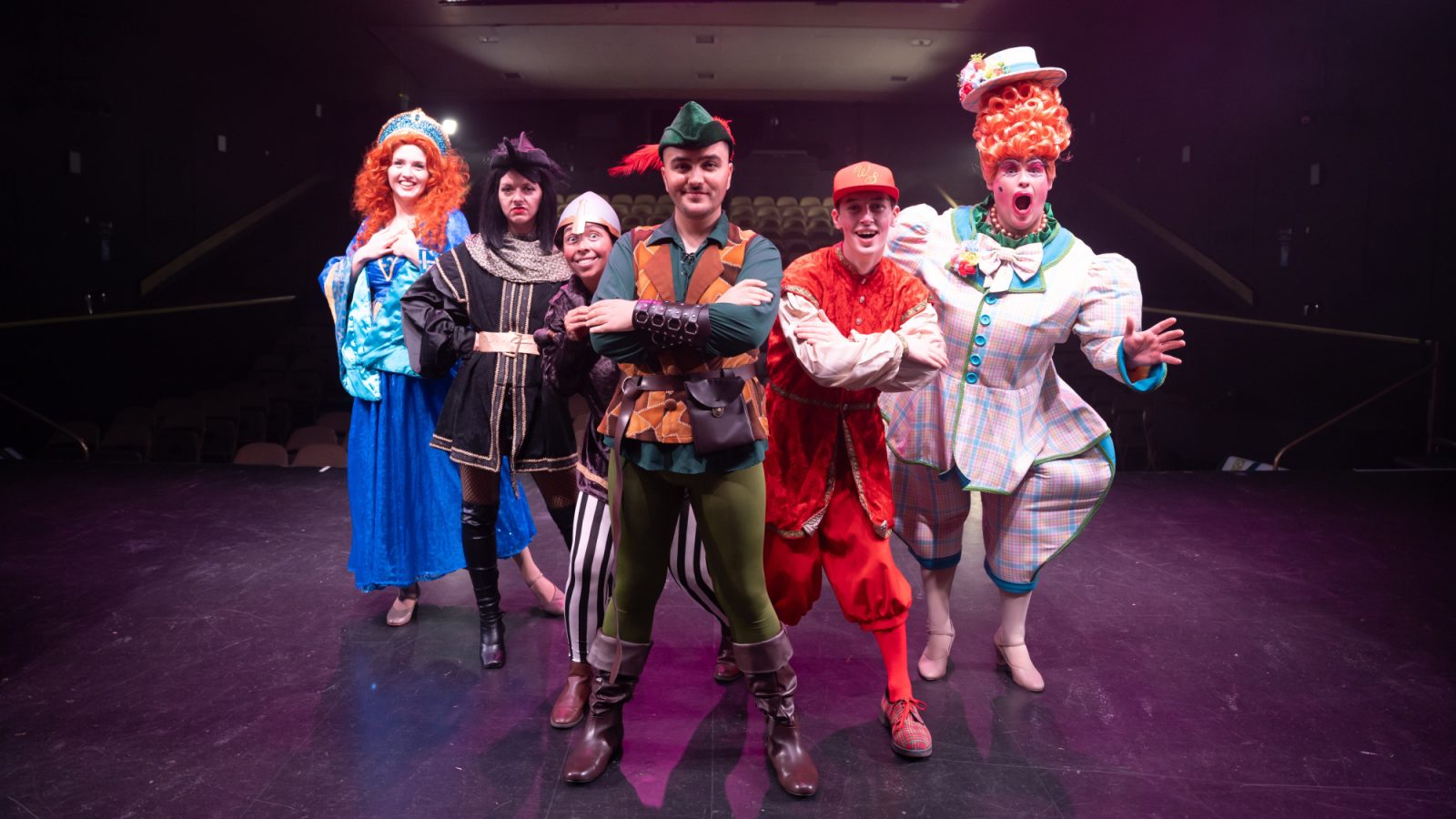 The cast of Robin Hood on the Arts Centre stage. (l-r Megan Wright, Hannah Buyers, Sarah Ord, Xander Gordon, Corey Adam, Philip Napier)