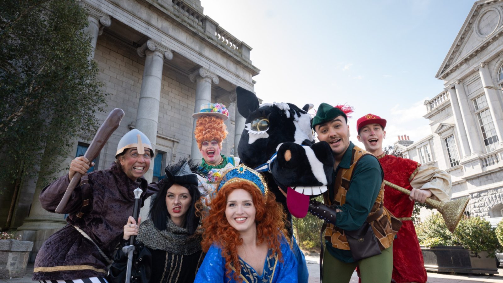The cast of Robin Hood outside Aberdeen Arts Centre (l-r Sarah Ord, Hannah Buyers, Philip Napier, Megan Wright, Xander Gordon, Corey Adam)