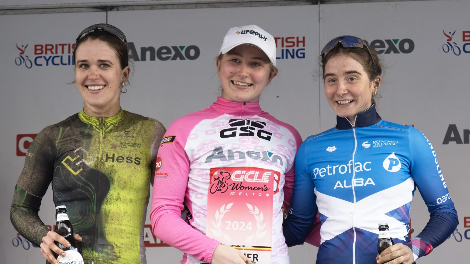 (L-R) Alice McWilliam from Hess Cycling Team, Eluned King from Lifeplus-Wahoo, and Eilidh Shaw from Alba Development Road Team.